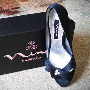 NINA "Conseja" Open-Toe Black Laster Satin Pumps